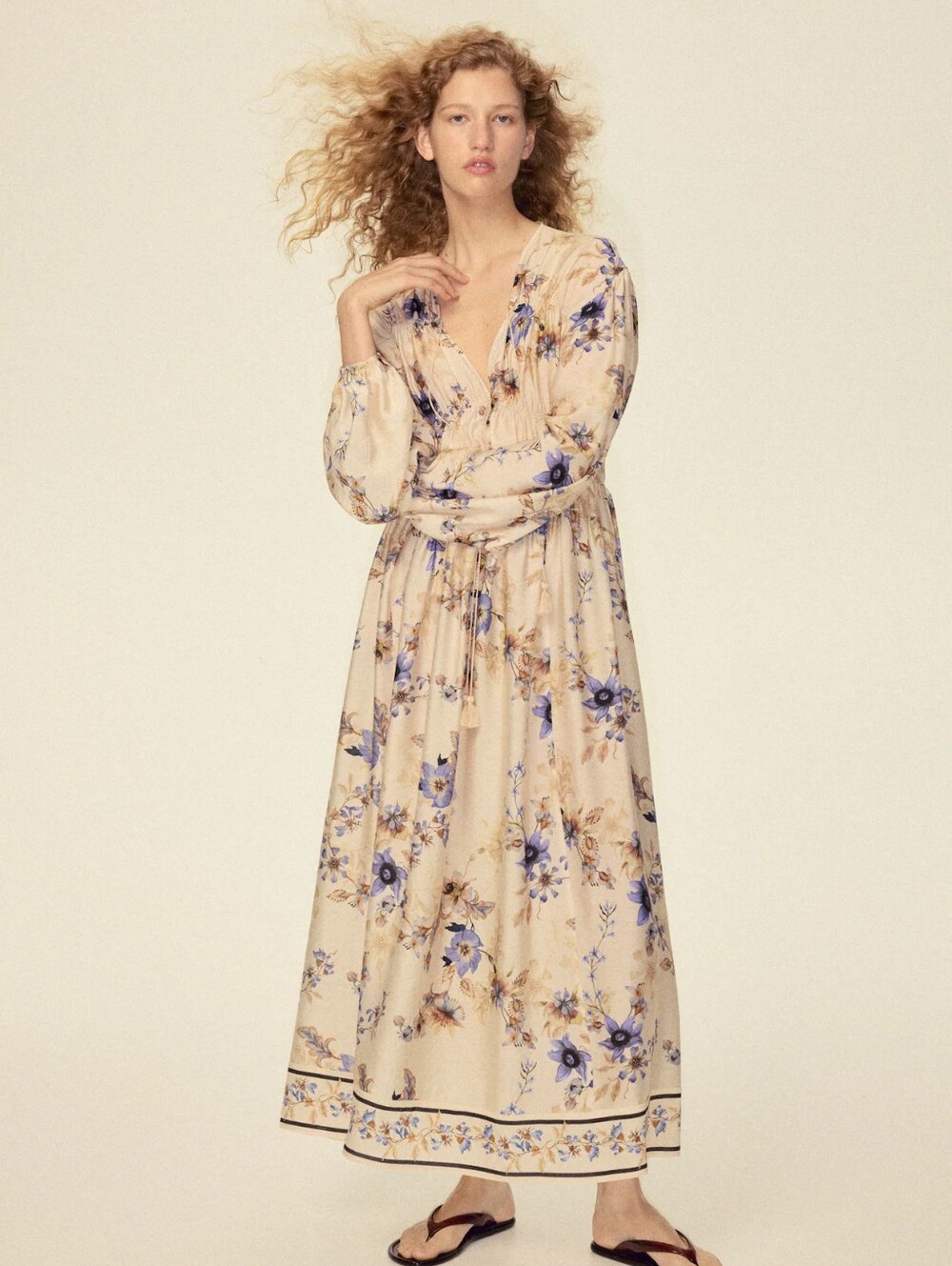 H&M Floral Printed Tie-detail Maxi Dress Beige/floral Lilac Blue Bnwt